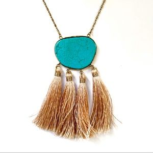 Anthropologie Large Turquoise w/ Tassels Pendant Statement Necklace.